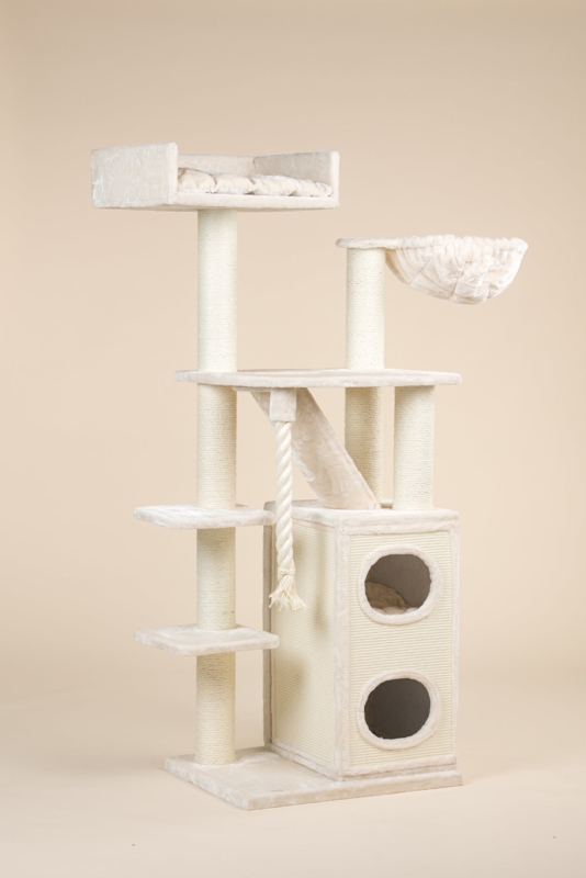 Cat Tree Beige with Dual Opening Condo and Thick Braided Rope