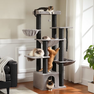 Cat Tree Charcoal Sisal Posts with Double Hammock and Top Perch