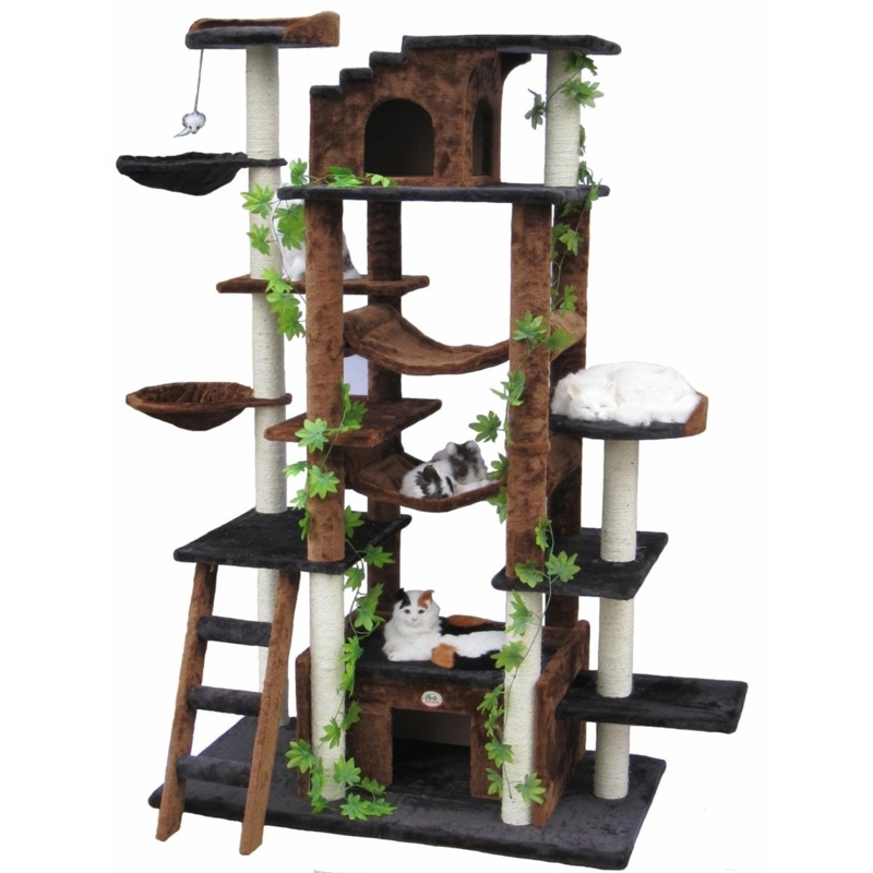 Cat Tree Chocolate Brown with Decorative Vines and Integrated Ladder