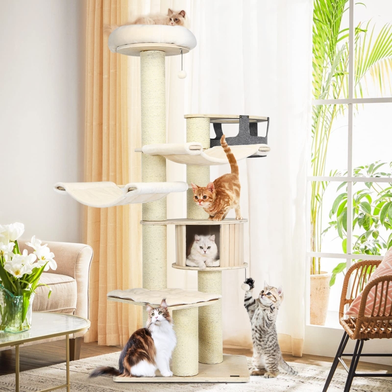 Cat Tree Cream and Wood with Slat Condo and Fabric Hammock