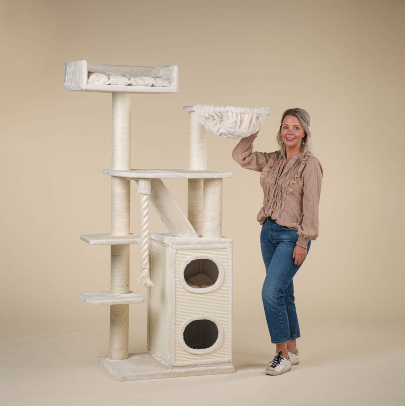 Cat Tree Cream Multi-Level with Hanging Sisal Rope and Bolstered Perch