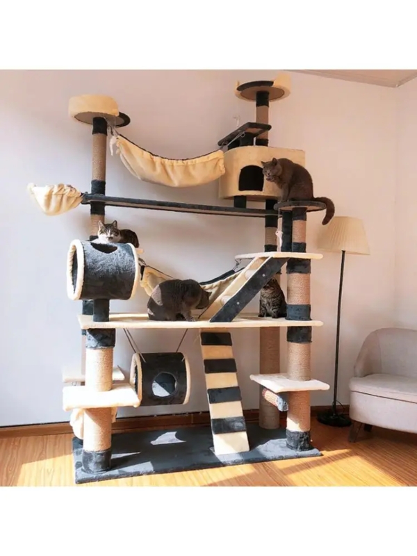 Cat Tree Cream with Charcoal Accents and Suspended Tunnel Hammock