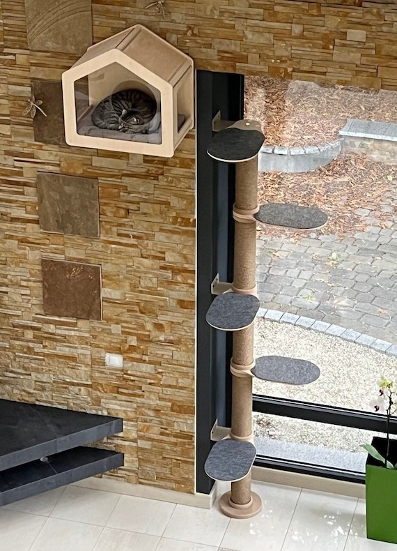 Cat Tree Floor to Ceiling with Wall Mounted Pod and Spiraling Steps