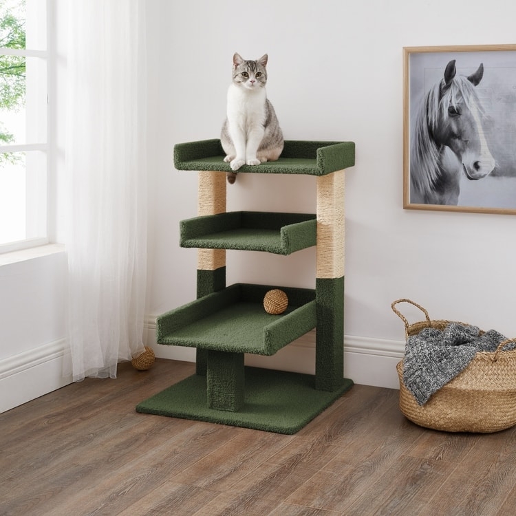 Cat Tree Forest Green Fabric with Three Tier Tray Style Platforms