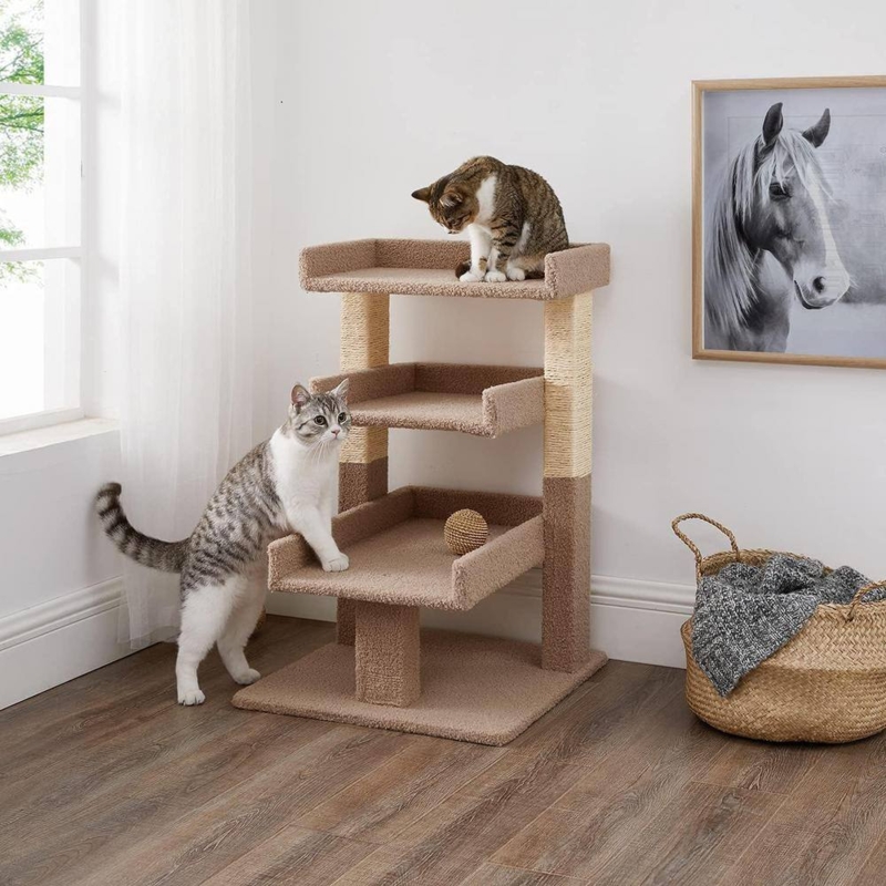 Cat Tree Neutral Plush Carpet with Raised Edge Platforms and Square Base