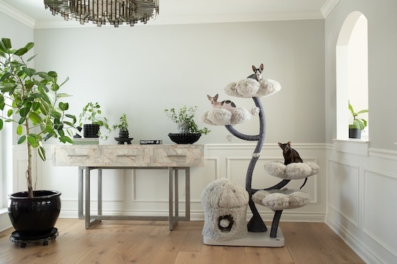 Cat Tree Sculptural Floral with Curved Trunk and Plush Perches