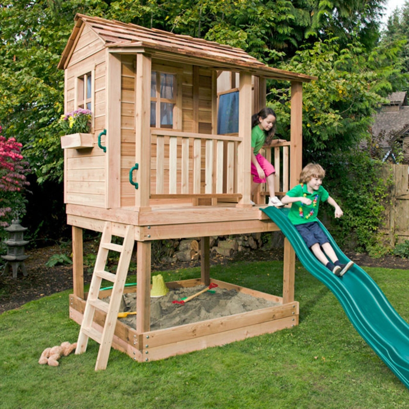 Cedar Elevated Playhouse Kit with Integrated Sandbox & Slide