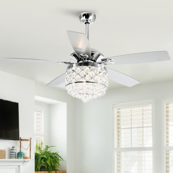 Ceiling Fan, Crystal Drum Shade, Polished Chrome, Five Blade Airflow