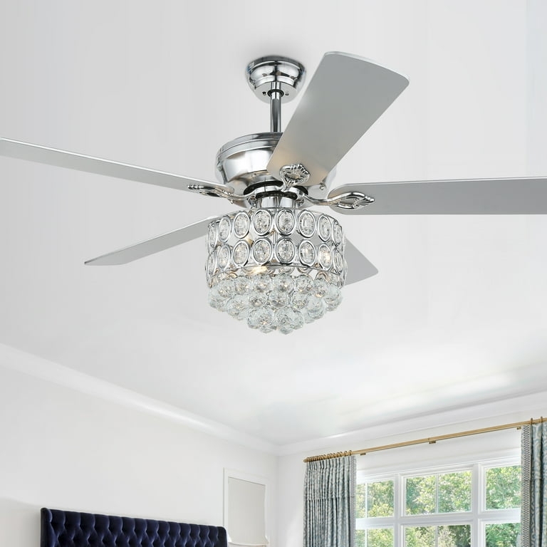 Ceiling Fan, Glam Polished Chrome, Crystal Drum, Hanging Droplets