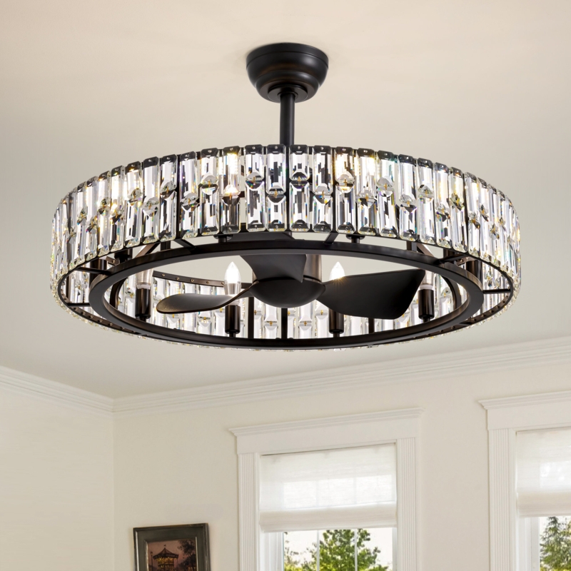 Ceiling Fan, Internal Blades, Matte Black Fandelier, Crystal Drum