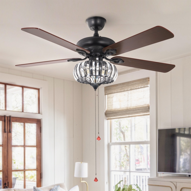 Ceiling Fan, Matte Black, Crystal Cage, Red Pulls, Farmhouse
