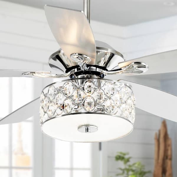 Ceiling Fan, Ornate Blade Arms, Polished Chrome, Crystal Drum