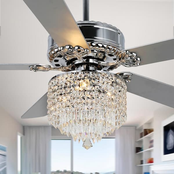 Ceiling Fan, Ornate Chrome Housing, Tiered Prisms, Five Blades