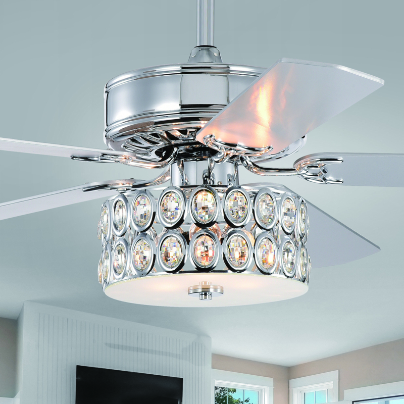 Ceiling Fan, Polished Chrome, Crystal Drum Shade, Faceted Ovals