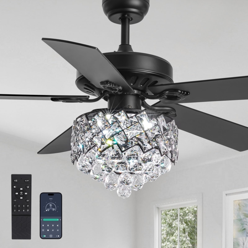 Ceiling Fan, Smart Control, Matte Black, Tiered Crystal Chandelier