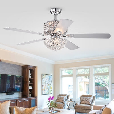 Ceiling Fan, Tiered Crystal Housing, Polished Chrome Blades, 5 Blade