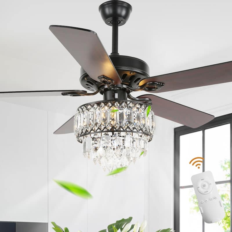 Ceiling Fan, Tiered Crystal Shade, Matte Black Finish, Faceted Glass