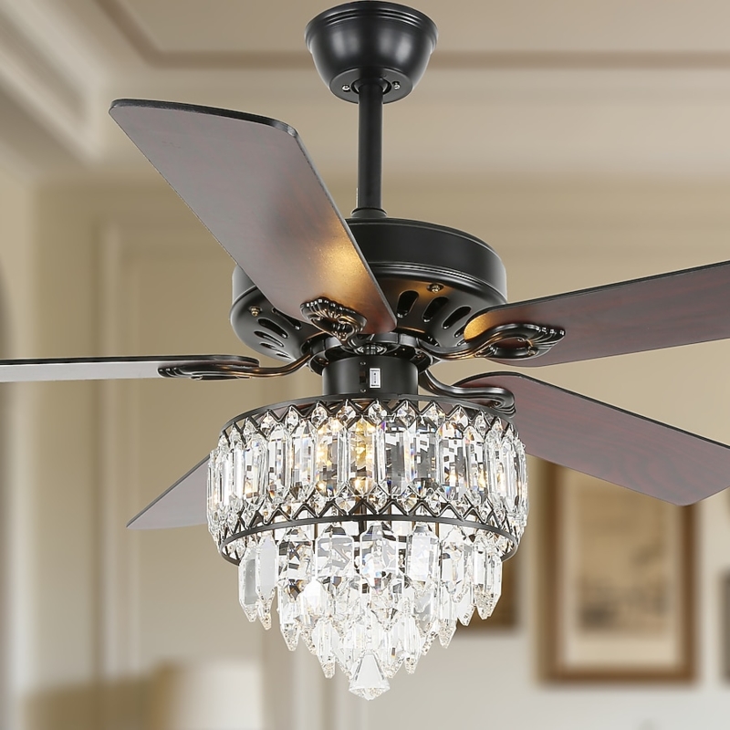 Ceiling Fan, Walnut Brown Blades, Matte Black, Crystal Chandelier