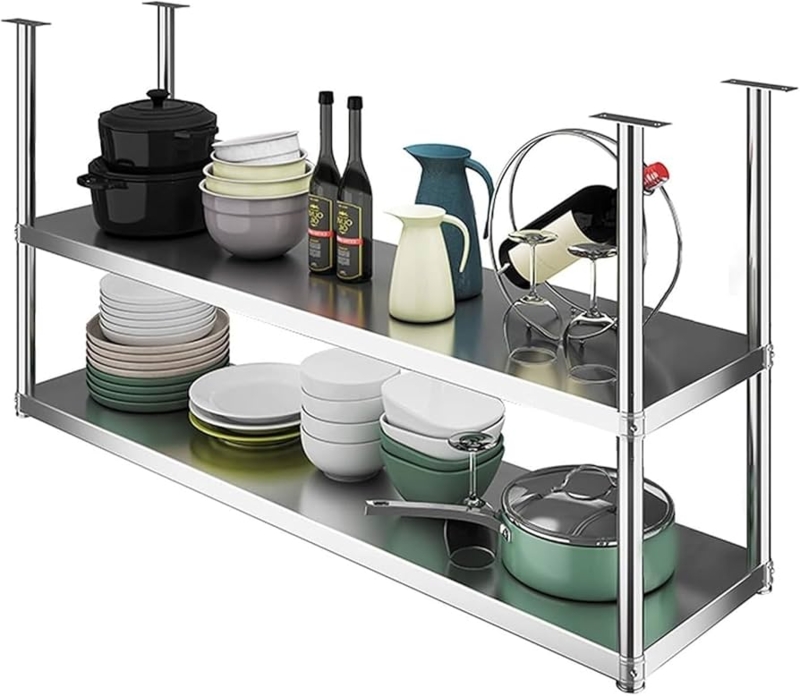 Ceiling Suspended Kitchen Rack, Two Tier Stainless Steel Design