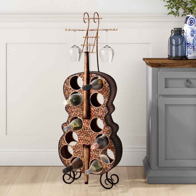 Cello Shaped Floor Wine Rack in Hammered Copper Finish