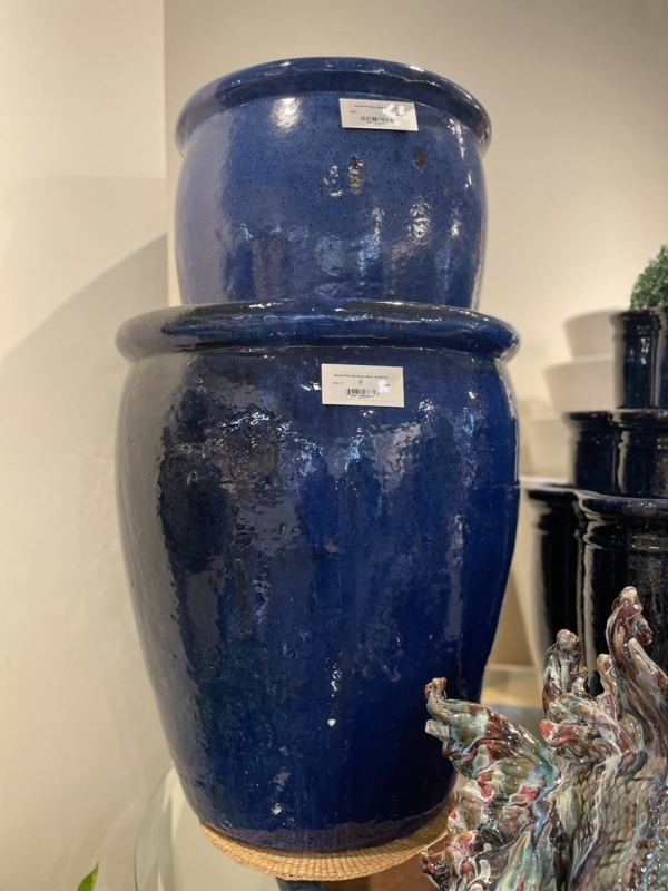 Ceramic Planter, Bulbous Shape, Glossy Glaze, Rolled Rim, Cobalt Blue