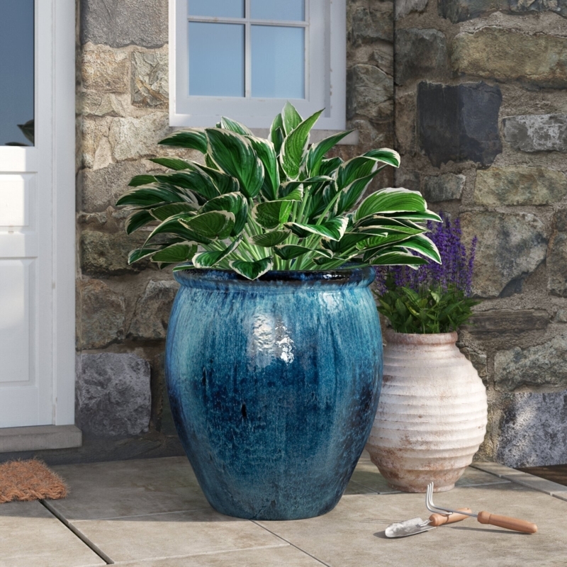 Ceramic Planter Extra Large Deep Blue Glossy Wide Mouth