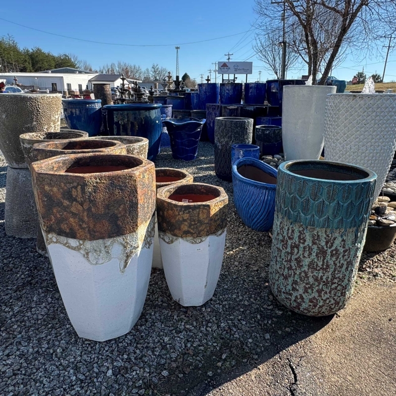 Ceramic Planter Hexagonal Drip Glaze Rust Blue