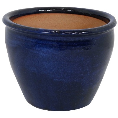 Ceramic Planter, Imperial Blue Glaze, Rolled Rim, Tapered Silhouette