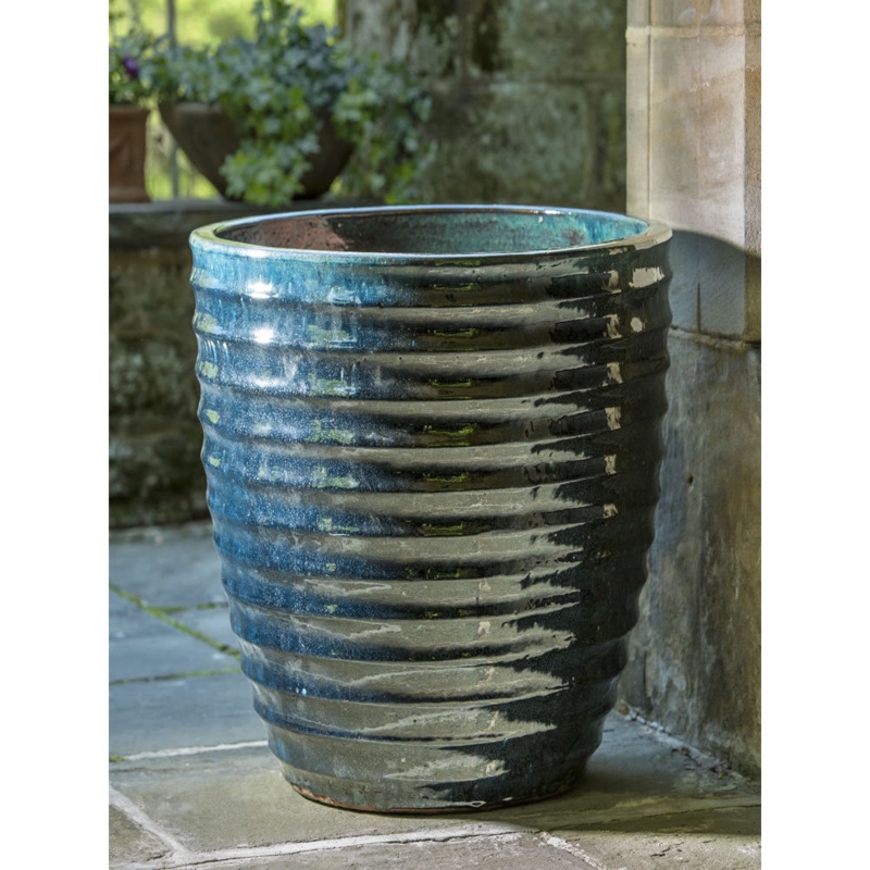 Ceramic Planter Indigo Glaze Horizontal Ribbing Tall Tapered