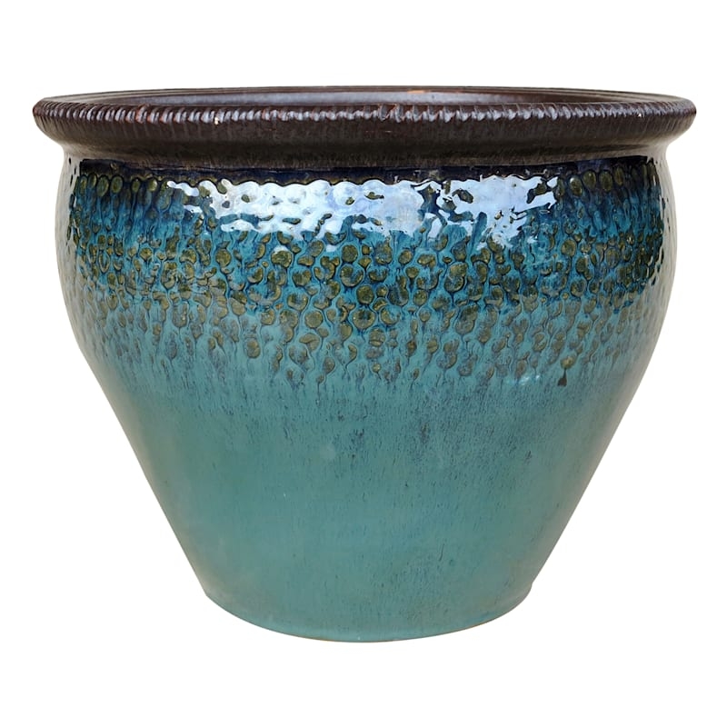 Ceramic Planter Ocean Blue Ombre Reactive Glaze Ribbed Rim