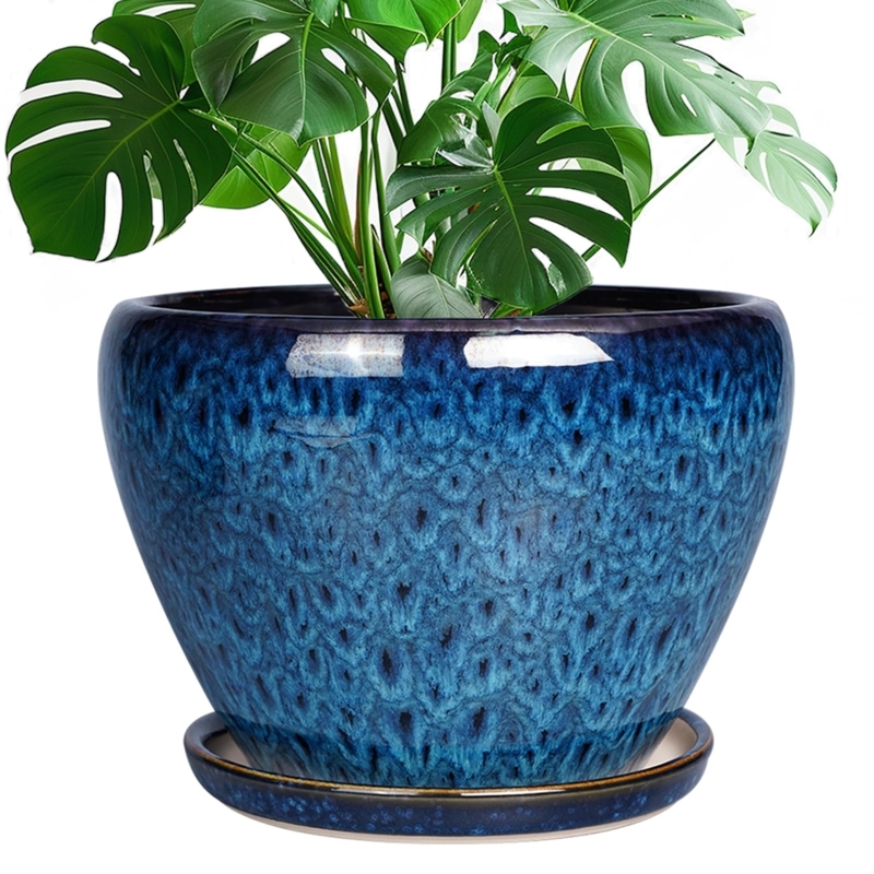 Ceramic Planter Pot, Reactive Glaze, Matching Saucer, Blue Garden Pot