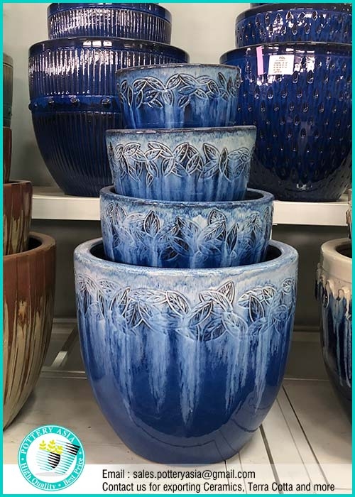 Ceramic Planter Set, Embossed Leaf Motif, Drip Glaze, Cobalt Blue
