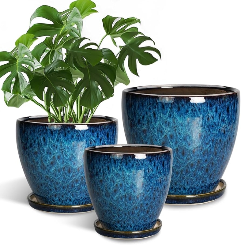 Ceramic Planter Set, Scalloped Reactive Glaze, Integrated Drip Trays