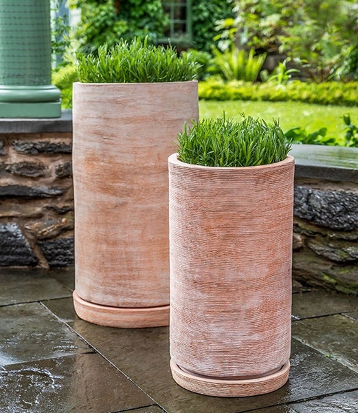 Ceramic Planter Tall Cylindrical Terracotta Ribbed With Saucer