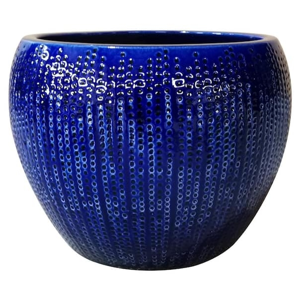 Ceramic Planter, Vertical Dotted Texture, Cobalt Blue Glaze, Round Shape