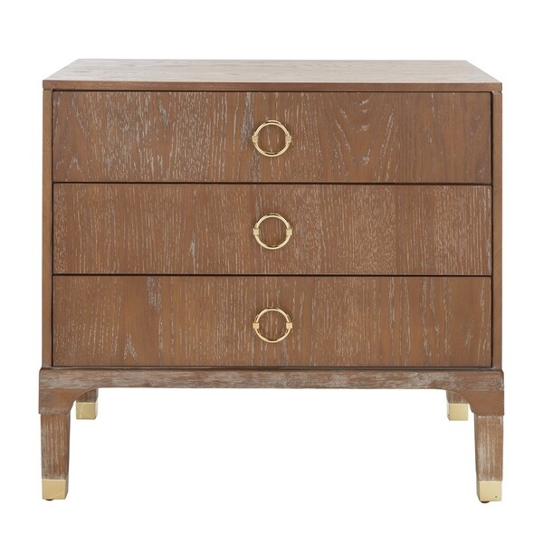 Cerused Wood Nightstand: Gold Ring Pull Transitional Bedside Table