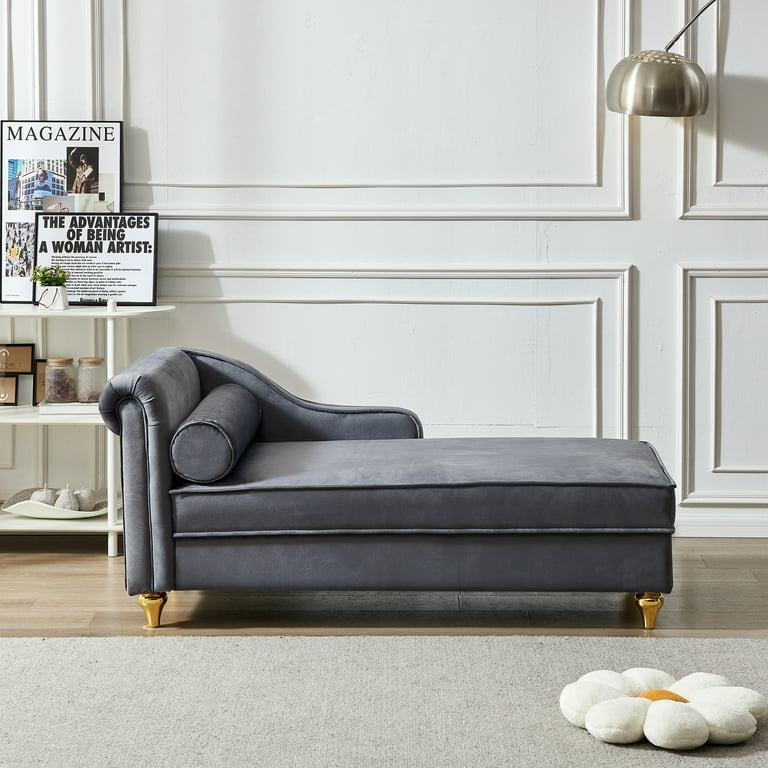 Chaise Lounge Slate Gray Velvet with Polished Gold Tapered Legs