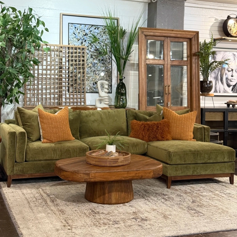 Chaise Sectional Moss Green Textured Tapered Wood Legs Mid-Century
