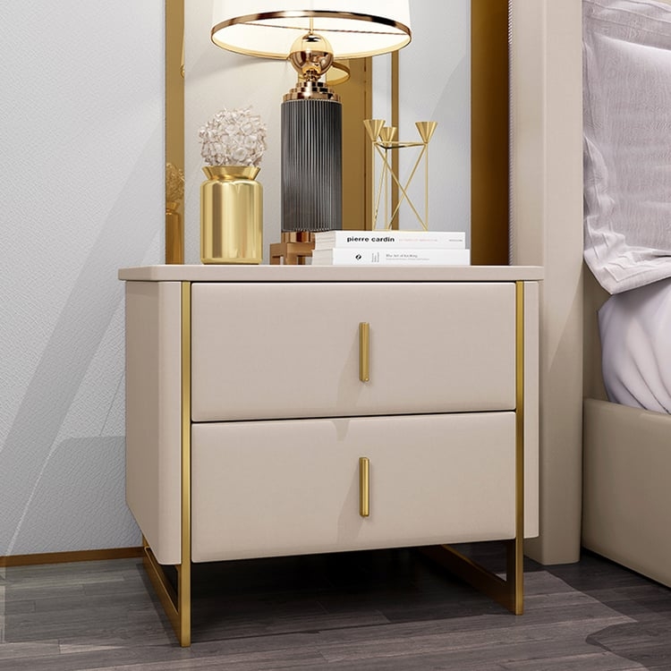 Champagne Beige Nightstand Leather Like Gold Vertical Pulls Glam