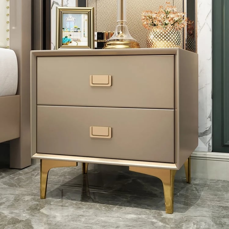 Champagne Beige Nightstand Satin Finish Gold Rectangular Pulls Glam