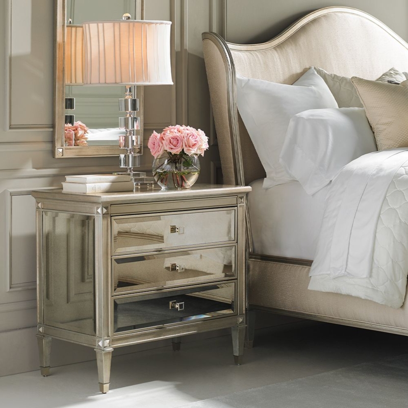 Champagne Silver Bedside Table: Mirrored Fronts & Tapered Legs
