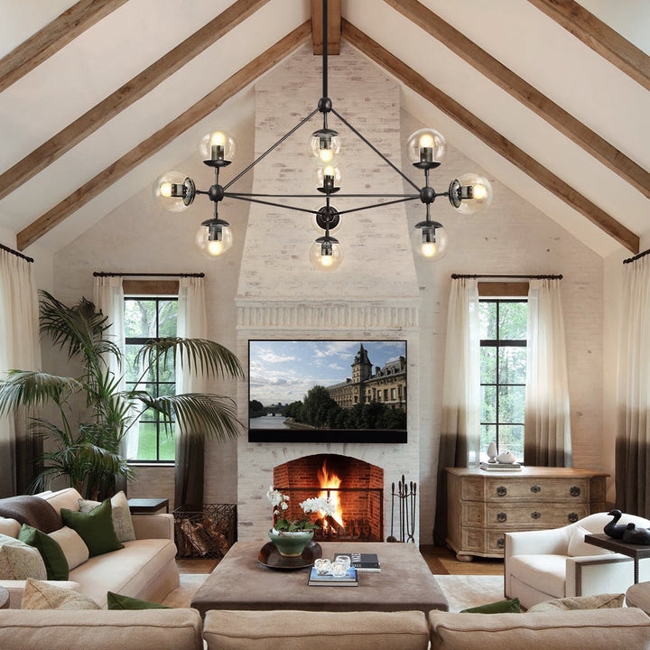 Chandelier Angular Black Frame 10 Light Globe Glass Vaulted Ceiling