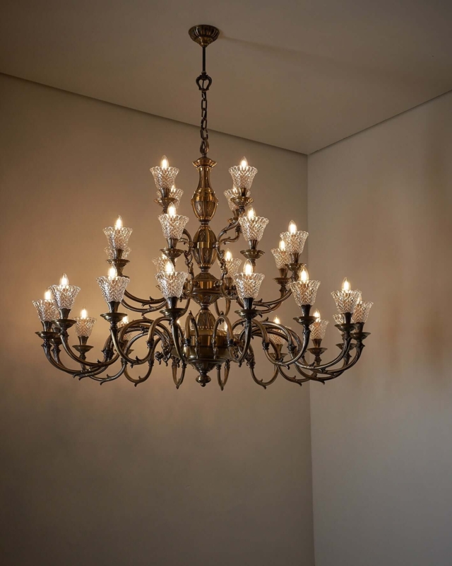 Chandelier Antique Brass 28 Arms Tiered Faceted Glass Cups