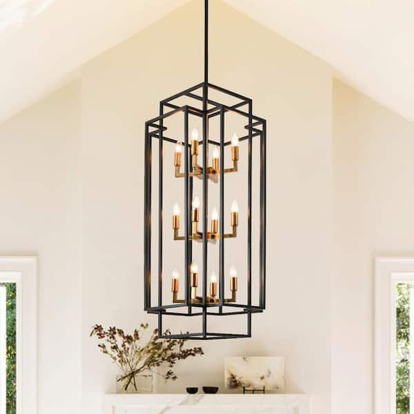 Chandelier Black Gold Contrast Tiered Lantern 12-Light Geometric Cage