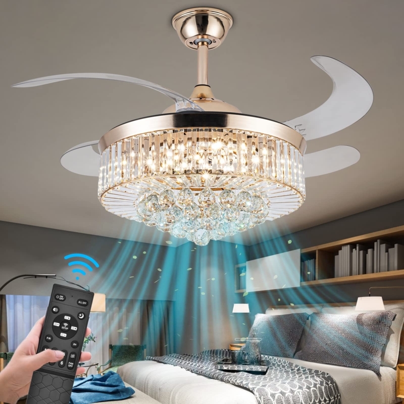 Chandelier Ceiling Fan, Polished Gold, Retractable, Dimmable LED