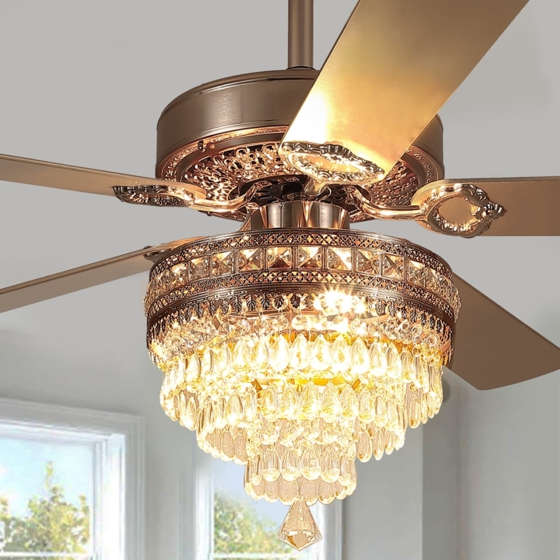 Chandelier Ceiling Fan, Rose Gold, Multi Tiered Crystal, Filigree