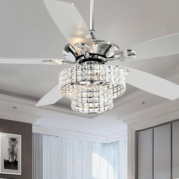 Chandelier Ceiling Fan, White Blades, Polished Chrome, Tiered Shade