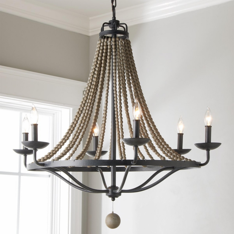 Chandelier Coastal Farmhouse Matte Black Frame Driftwood Beads