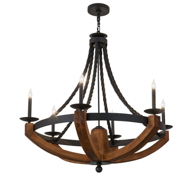Chandelier Curved Wood Arms Twisted Metal Rods Arts and Crafts