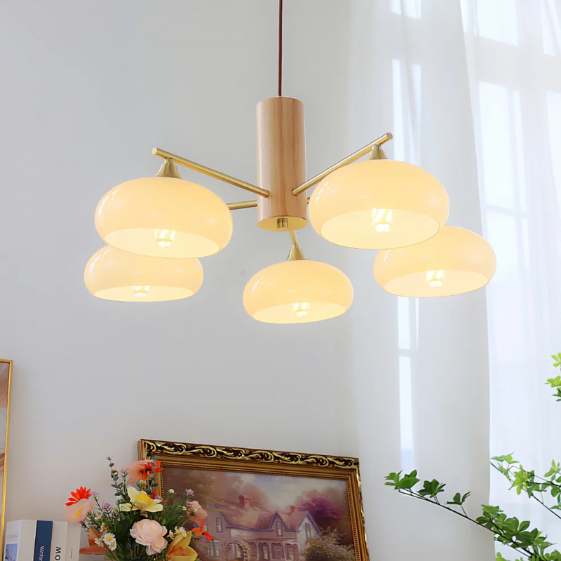Chandelier Elliptical Glass Shades Wood Stem Radial Arms Scandinavian